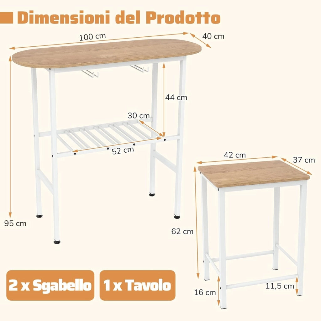 Tavolo da Pranzo con 2 Sgabelli, Tavolino e Sedie con Portabottiglie, Poggiapiedi e Struttura in Metallo, Mobili da Cucina per Bar, Bistro e Soggiorno (Naturale e Bianco)