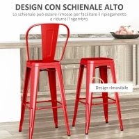Set 2 Sgabelli da Cucina di Design con Schienale Rimovibile e Poggiapiedi, in Metallo, 44x46x116 cm, Rosso