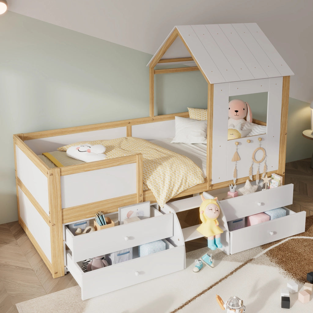 Letto Casetta 90x200 cm - 4 Cassetti; Scala e Finestra - Legno - Bianco e Naturale