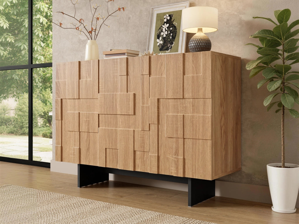 Credenza con 3 ante e ripiani regolabili, frontale geometrico, in bambù e MDF, naturale e nero, 105 × 33,5 × 76 cm