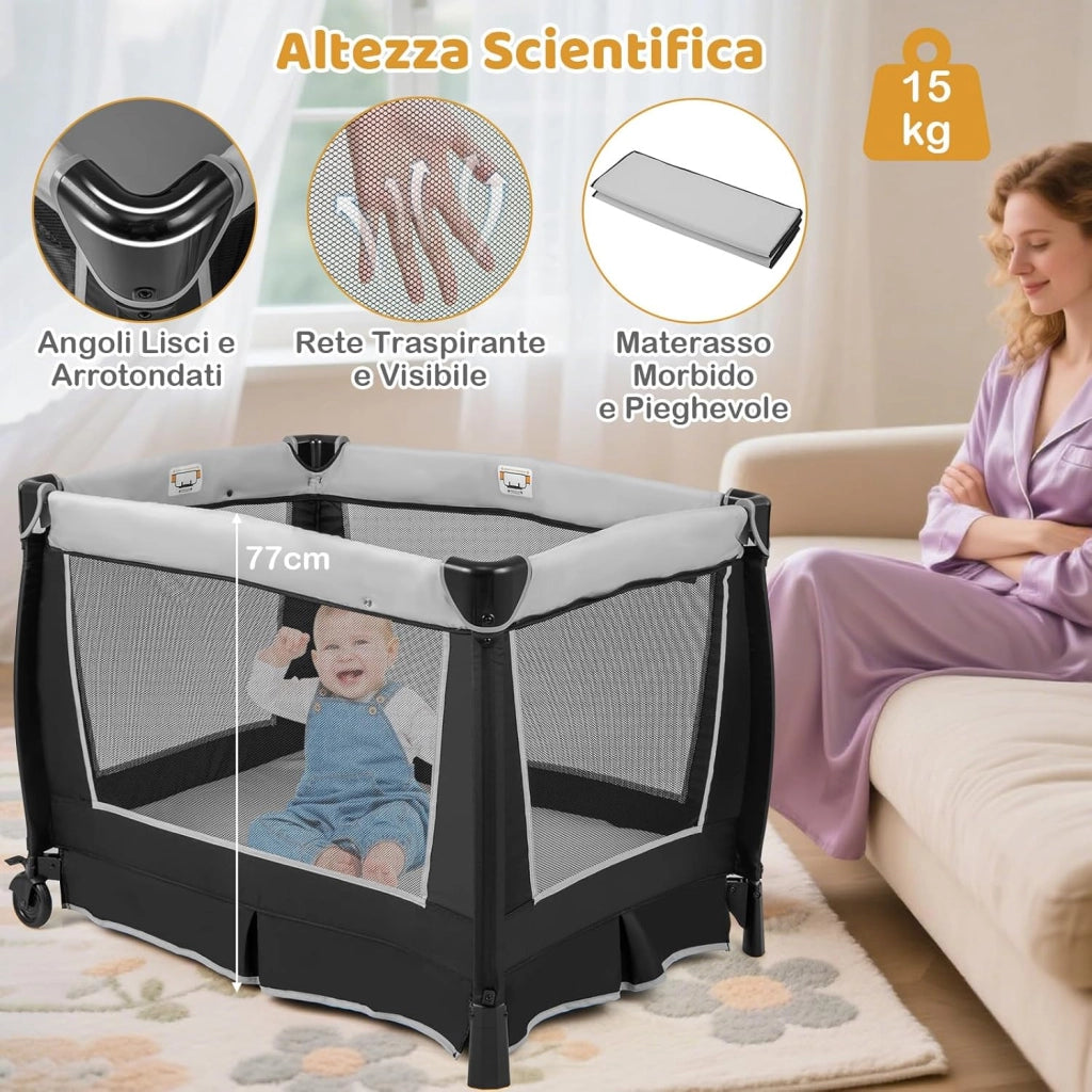 6 in 1 Lettino da Campeggio per Bambini, Culla Viaggio con Materasso, Fasciatoio e Giocattolo, Box Portatile Pieghevole, Ruote Bloccabili, per Banbini 0-3 Anni (Grigio, 105,5 x 73,5 x 77 cm)