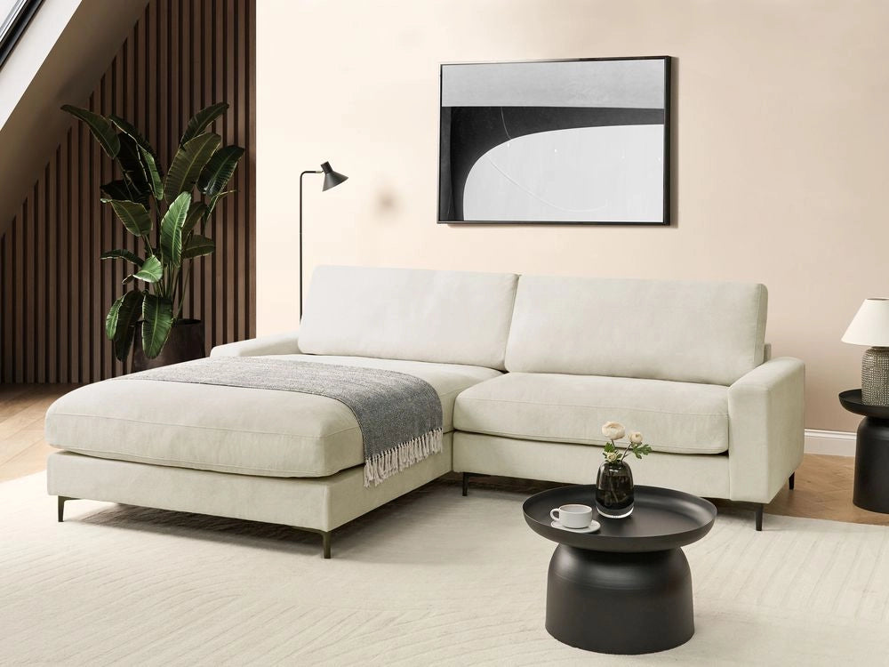 Divano angolare a destra  in tessuto di ciniglia bianco sporco Poliestere Metallo Gambe nere 190 x 272 x 83 cm Schienale imbottito e rifinito 3 posti a L Soggiorno in stile moderno