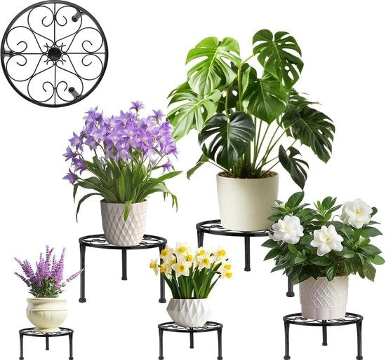 Set di sostegni per piante in metallo - 5 pezzi - Sostegni per vasi per interni ed esterni - Nero - Cinque misure - Casa giardino patio balcone