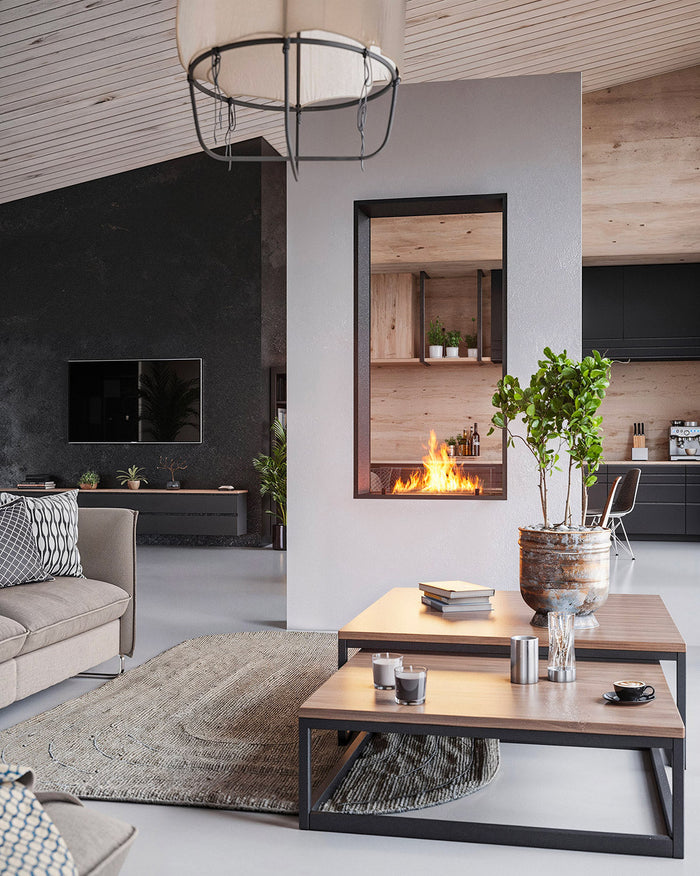 Camino a Bioetanolo da Incasso 83,5x163,5x35 cm Bifacciale 2 Side 1600 Slim Verticale Nero con Vetro