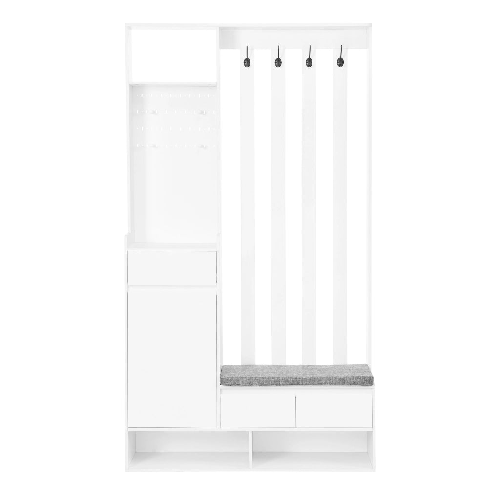 Mobile ingresso multifunzionale in MDF bianco con panca imbottita e pannello forato