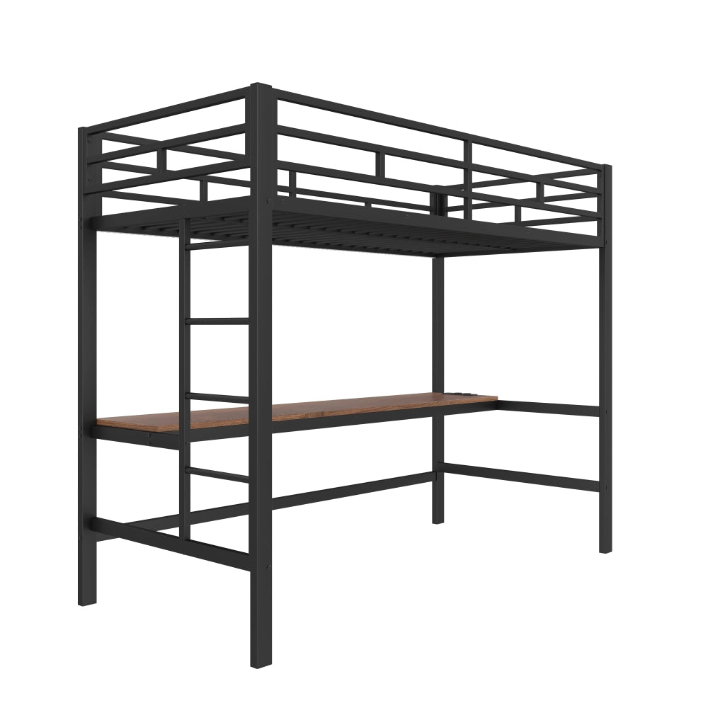 Letto a soppalco singolo 90×200 cm con scala; scrivania; LED; USB e Type-C; senza materasso; metallo; nero