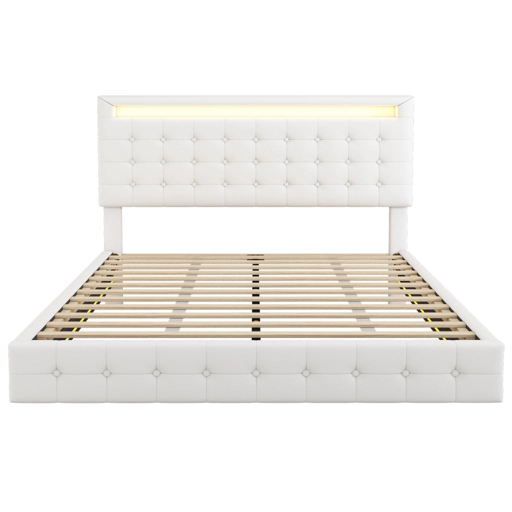 Letto Matrimoniale con LED Regolabile e Testiera Regolabile 140×200 cm; senza Materasso; PU; Bianco