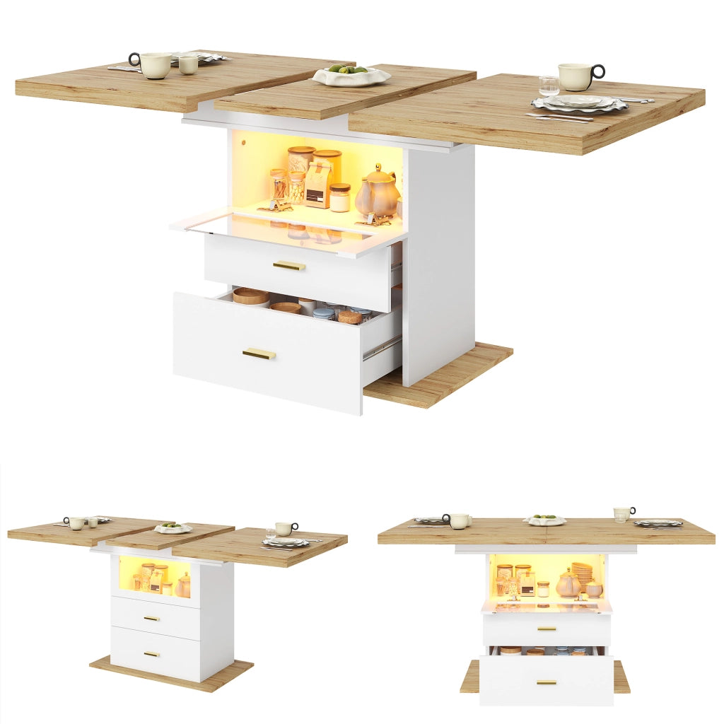 Tavolo da pranzo allungabile con led; vano contenitore integrato; 2 cassetti e 1 vano vetrato per cucina e sala da pranzo