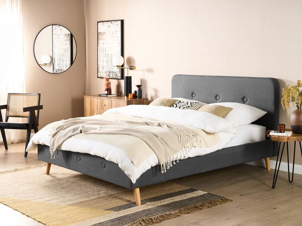 Letto a doghe Tessuto in poliestere grigio scuro Gambe in legno imbottite 160 x 200 cm Design moderno