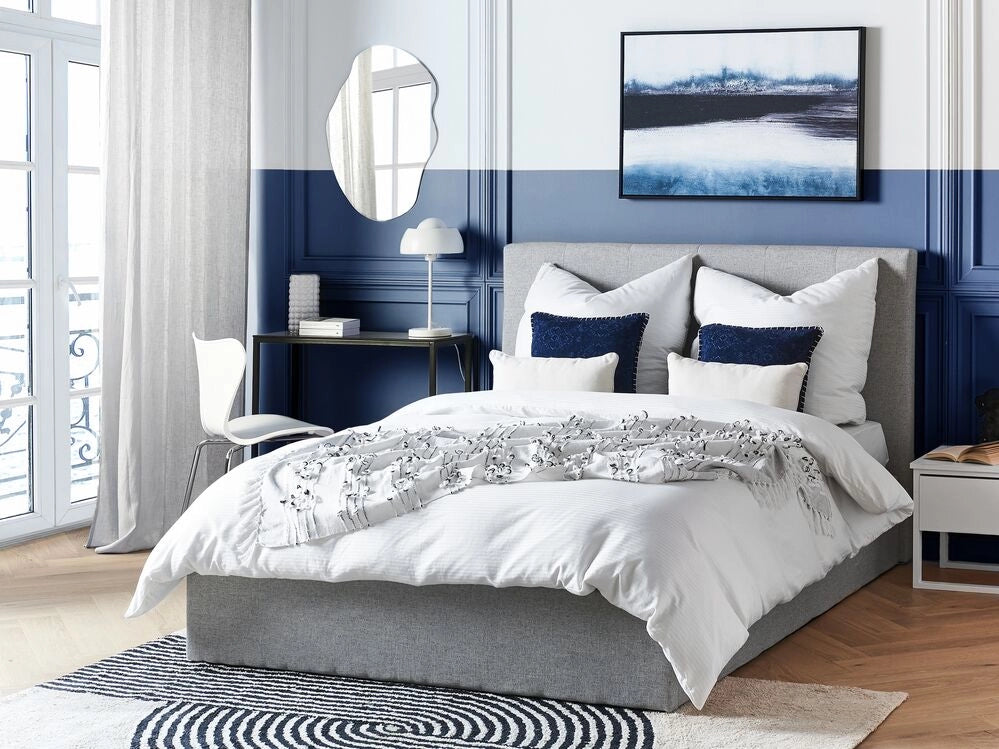 Letto matrimoniale con contenitore portaoggetti e testiera imbottita 140x200 cm in tessuto grigio