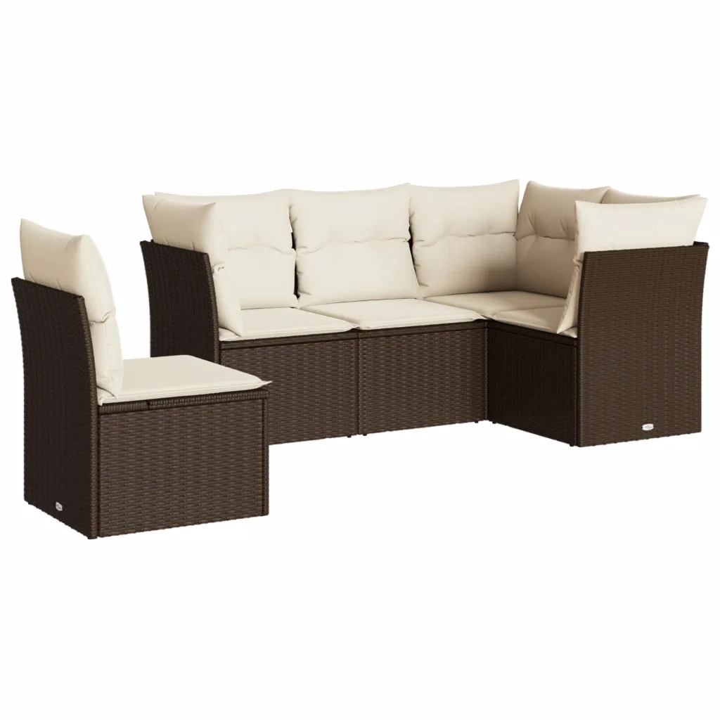 Set Divano da Giardino 5 pz | Set Salotto da Giardino con Cuscini Marrone in Polyrattan
