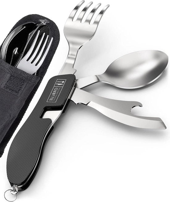 Attrezzatura per campeggio 4-in-1 - Cucchiaio in acciaio inossidabile - Forchetta - Coltellino - Apripistoni - Portatile e compatto