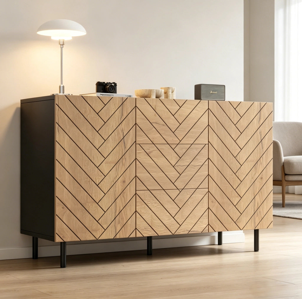 Credenza moderna 120x40x76 cm con 3 cassetti e 2 ante, legno e nero