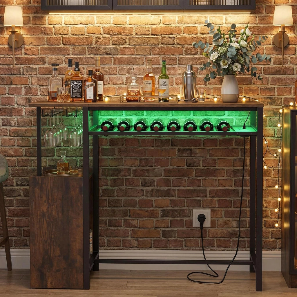 Tavolo da Bar con Luce Regolabile, Tavolino Alto con Stazione di Ricarica, Portabottiglie e Portabicchieri, Tavolino da Cucina per Soggiorno e Sala da Pranzo, 110 x 40 x 92 cm
