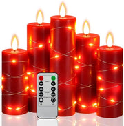Luci da Tavolo a Fiamma LED - Luci a Fiamma Rote con Filamenti Stellari - Comando a Cavi 10 Tasti - Funzione Timer 24 Ore - Fiamma Danzante - Cera Vera