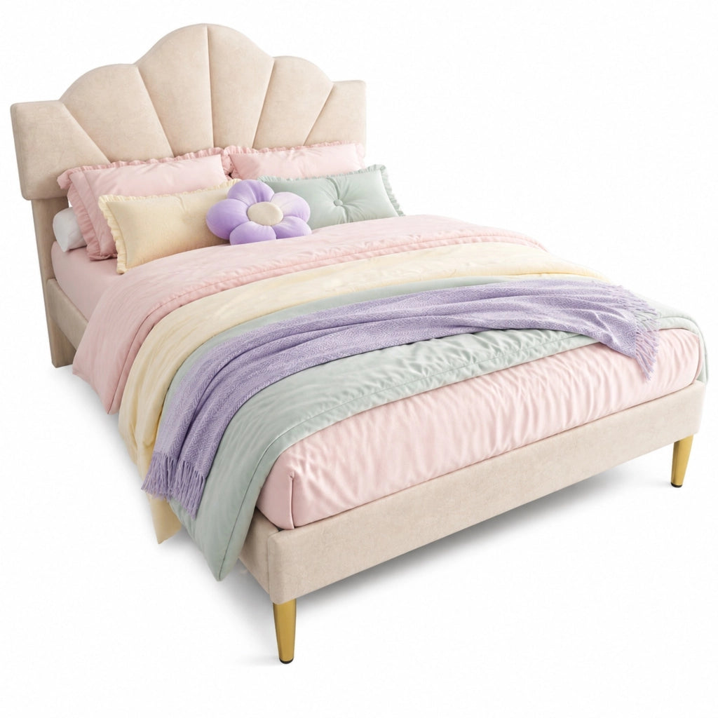 Letto matrimoniale imbottito in velluto beige 140x190 cm con testiera regolabile e rete a doghe
