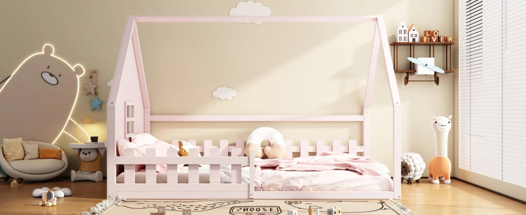 DESMIU Letto per Bambini 140 × 200 cm 2 Posti con Sponda, Letto a Casetta, Senza Materasso, in Pino e MDF, Rosa