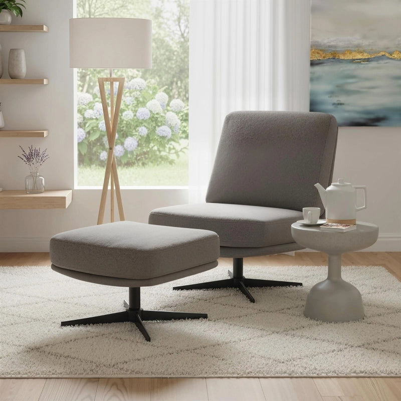 Poltrona girevole con pouf, relax con rivestimento effetto lino, grigio scuro