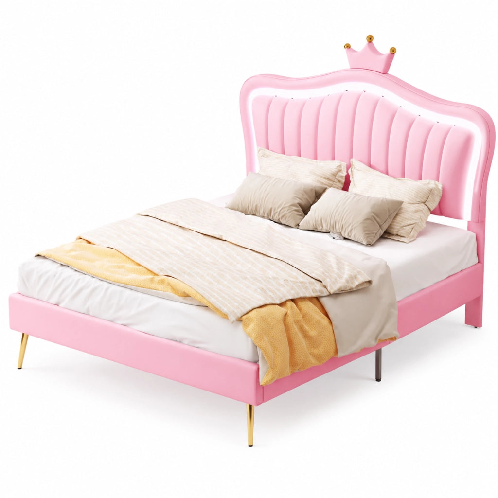 Letto per bambini imbottito 140x200 cm; testiera a conchiglia con LED; similpelle rosa (Senza materasso)