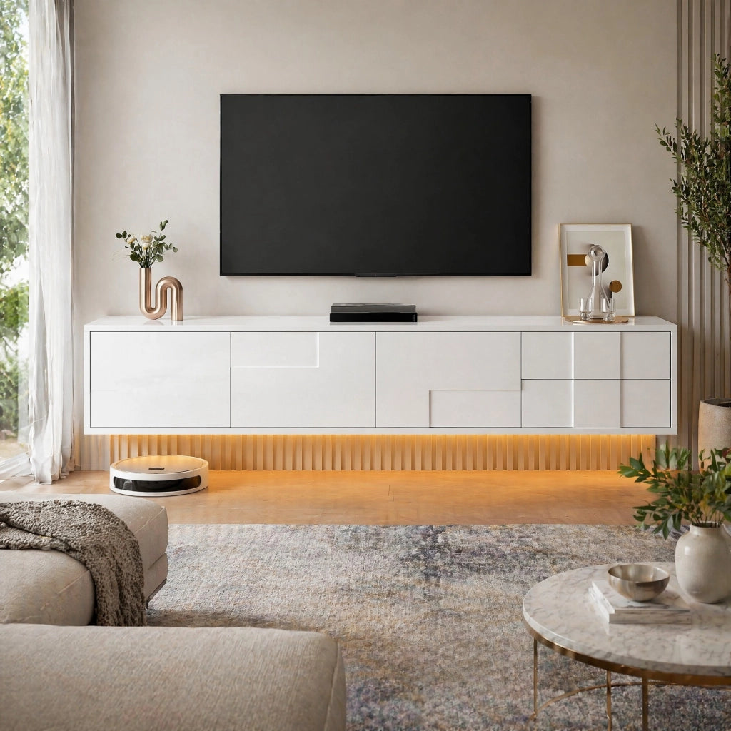 Mobile TV bianco 170 cm con 3 ante e 2 cassetti, sospeso o da terra