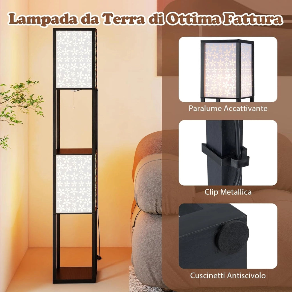Lampada da Terra a 2 Luci con Mensole, Lampada a Stelo con 2 Paralumi Traforati, Catena a Strappo e Interruttore a Pedale, Richiede Lampadine E27, per Salotto e Camera da Letto (Fiori)