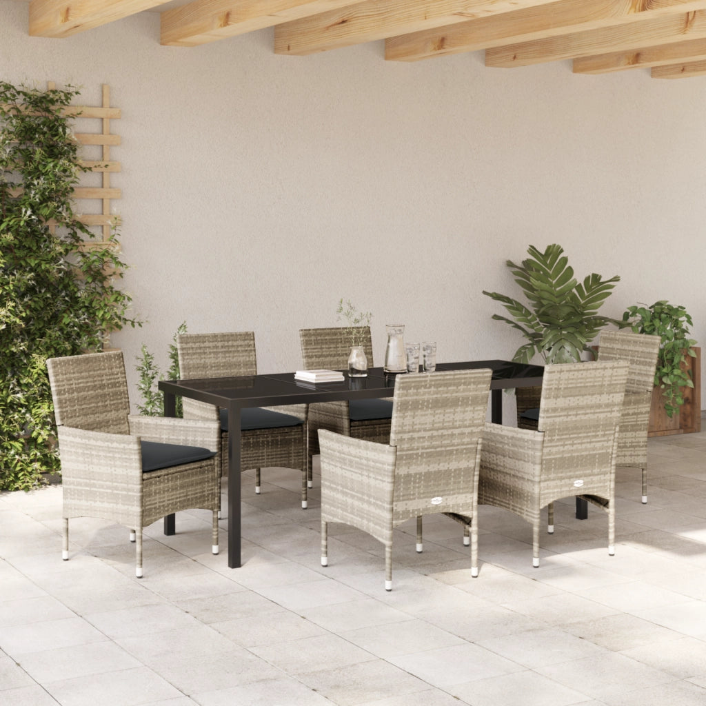 Set da Pranzo da Giardino a 7 Pezzi con Cuscini Grigio Chiaro Polyrattan