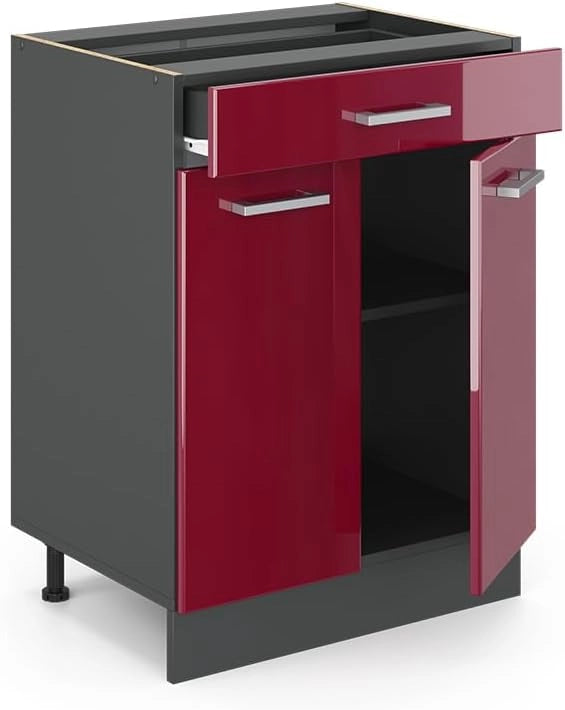 Mobiletto base per cucina R-Line, Rosso lucido, 60 cm con cassetto, senza piano di lavoro, per la libera combinazione all'interno di sistemi cucina modulari