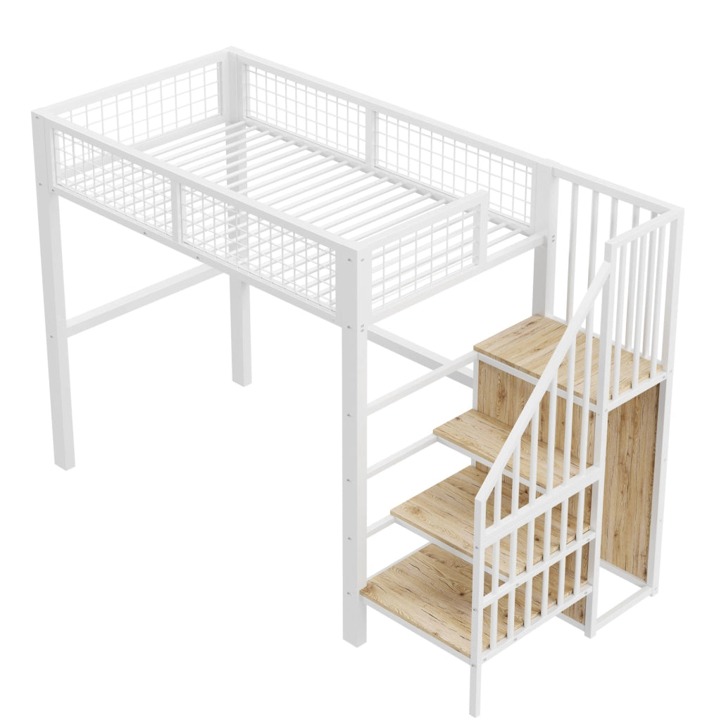 Letto a soppalco 90x200 cm con scala e armadio in metallo bianco