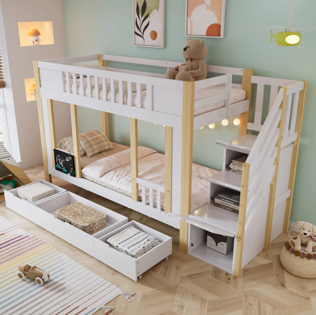 Letto a castello per bambini 90x200 cm con scala contenitore