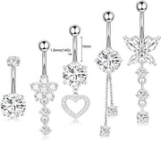 Set di 5 pezzi per piercing navello in acciaio inossidabile - Diametro 1,6 mm (14G) - Lunghezza 10 mm - Argento - Comodo da indossare - Piercing