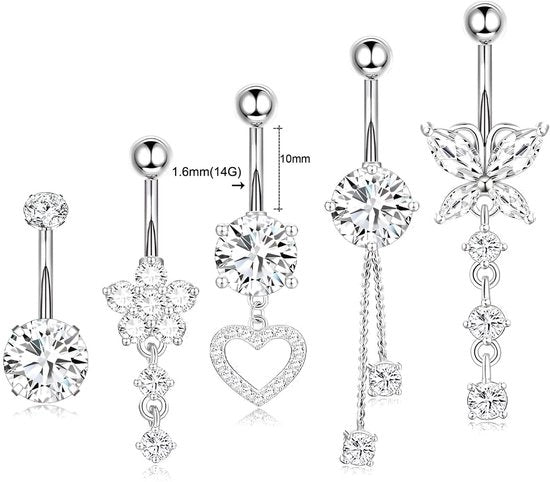 Set di 5 pezzi per piercing navello in acciaio inossidabile - Diametro 1,6 mm (14G) - Lunghezza 10 mm - Argento - Comodo da indossare - Piercing