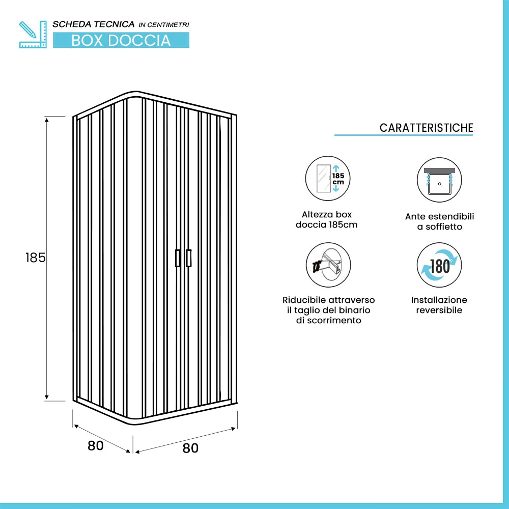 Box doccia 80x80x80 cm a soffietto in PVC bianco tre lati con chiusura centrale Teti