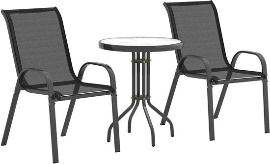 Set da giardino 3 pezzi - Tavolo in vetro - Resistente alle intemperie - Nero