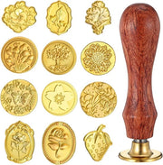 Set di timbri con maniglia in legno - Fiori d'oro timbri postali - 12 pezzi