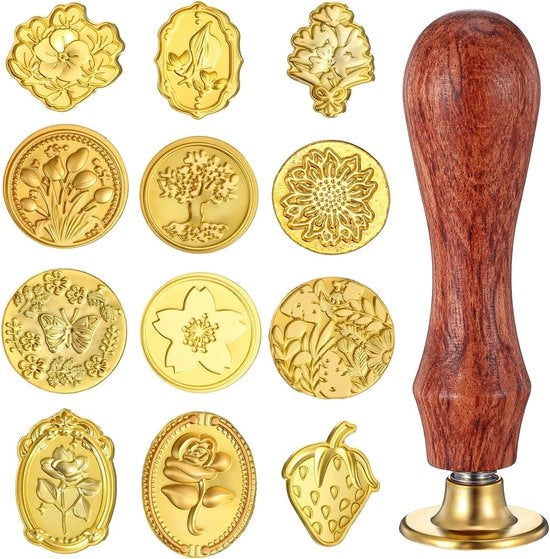 Set di timbri con maniglia in legno - Fiori d'oro timbri postali - 12 pezzi
