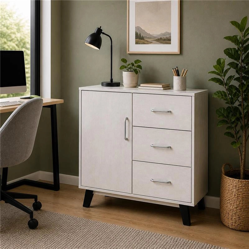 MOBILE MODERNO IN LEGNO CON 3 CASSETTI, 1 ANTA E PIANO D'APPOGGIO COLORE BIANCO DIMENSIONI 80X38X74 CM