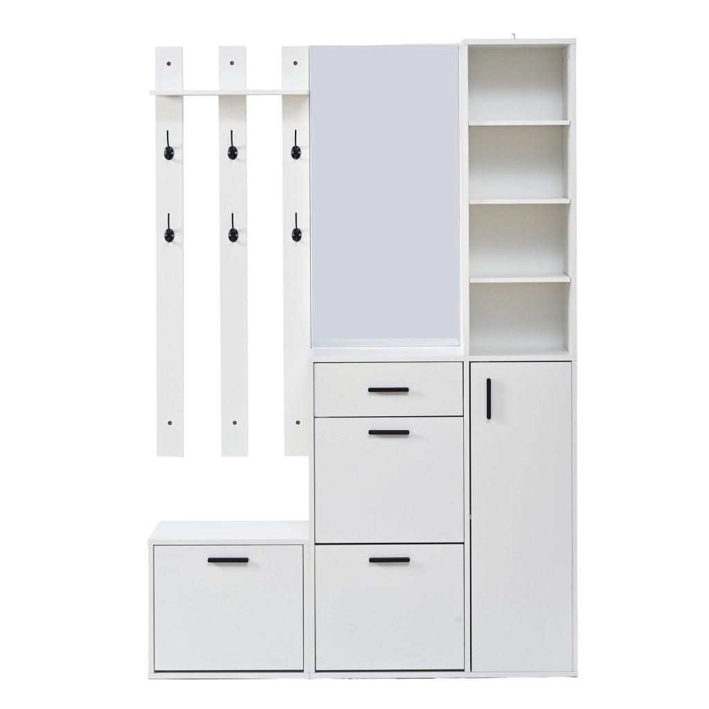 Mobile ingresso con 3 vani scarpe; 1 cassetto; specchio e 6 ganci - per ingresso - 120x30x178 cm - bianco