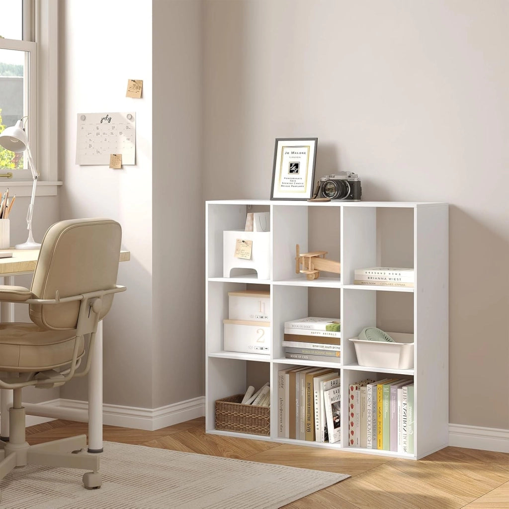 Libreria a 9 Cubi, Scaffale di Stoccaggio a 9 Cubi, Divisorio per Libreria, Mobile di Stoccaggio per Soggiorno e Ufficio, Bianco, 94x29,5x93 cm, SK047ws