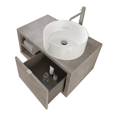 Mobile bagno sospeso 80 cm grigio cemento con cassetto e vano a giorno completo di lavabo e specchio Master