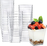 Confezione da 50 Cialde per Dessert Mini - 240 ml - Cialde in Plastica Quadrata per Dessert - Perfettamente Chiare - Riciclabili - per Dessert Pudding Festa di Foam - 7 x 7 cm
