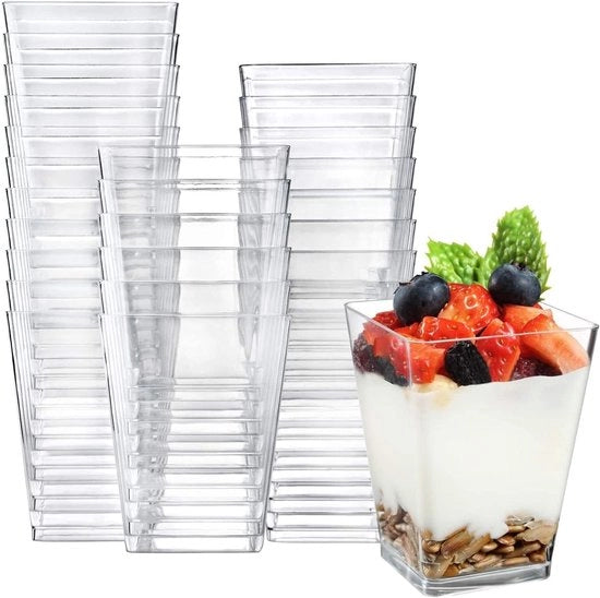 Confezione da 50 Cialde per Dessert Mini - 240 ml - Cialde in Plastica Quadrata per Dessert - Perfettamente Chiare - Riciclabili - per Dessert Pudding Festa di Foam - 7 x 7 cm