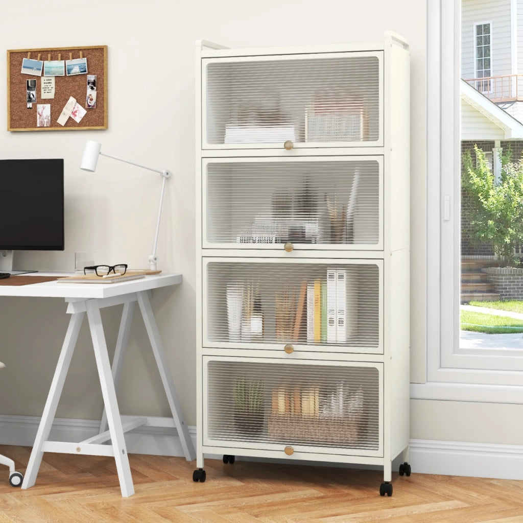 Supporto mobile con porte PC a scomparsa, Armadio da cucina autoportante con 4 ruote girevoli 60x32x154cm Bianco-Credenze buffet