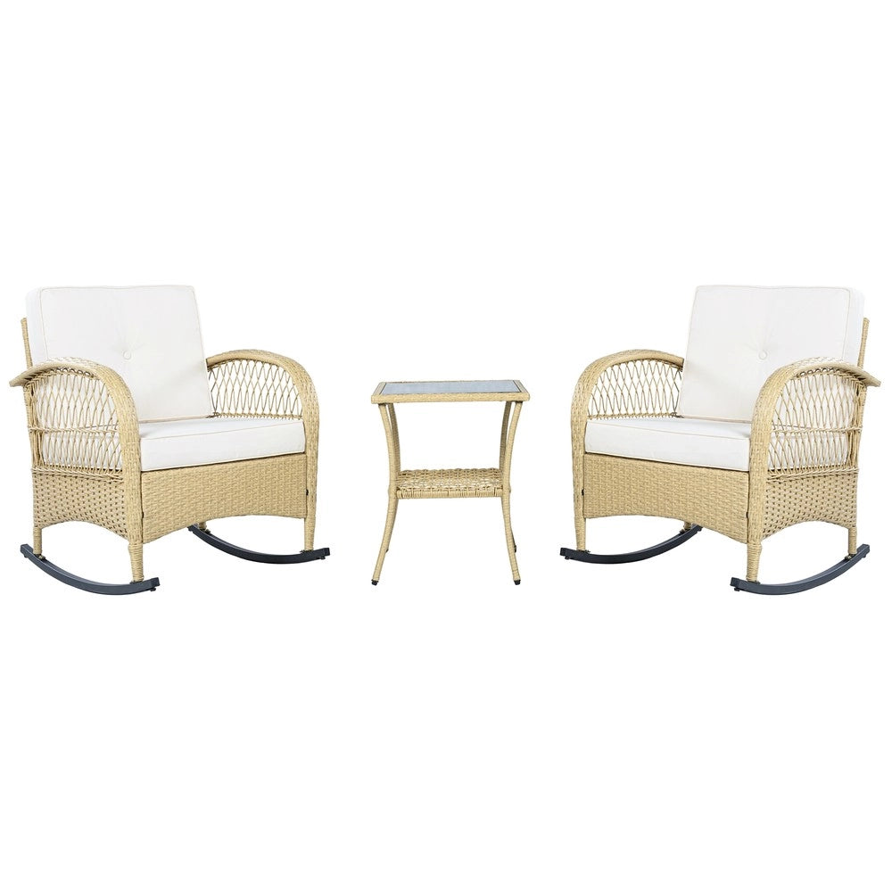 Set Balcone Rattan 3 Pezzi con Sedia a Dondolo e Cuscini Beige ¨C Xylo