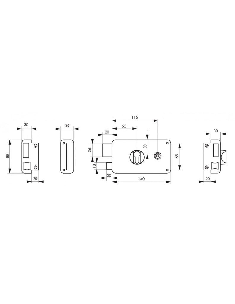 Cassa serratura CP con quadro maniglia 140 x 88 mm, sinistra, asse 55 mm – THIRARD
