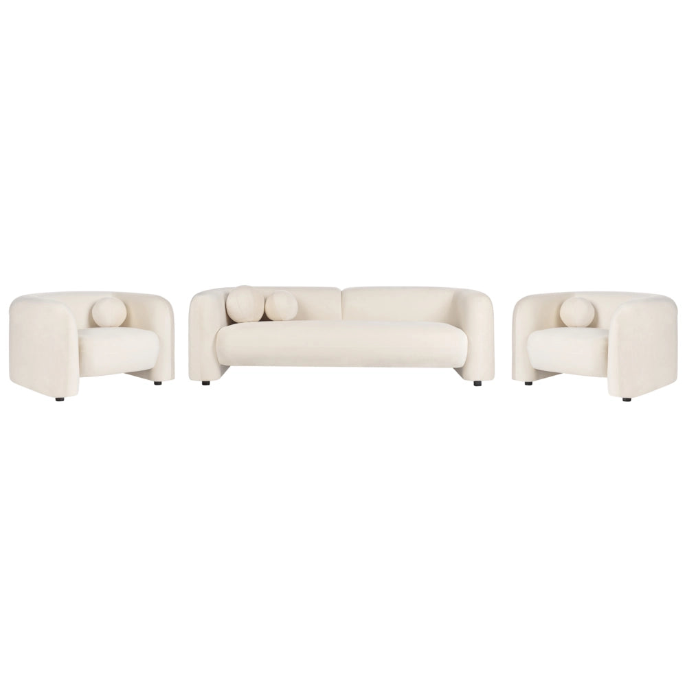 Set da salotto composto da divano a 5 posti e 2 poltrone in velluto bianco sporco con cuscini aggiuntivi stile glamour retrò soggiorno