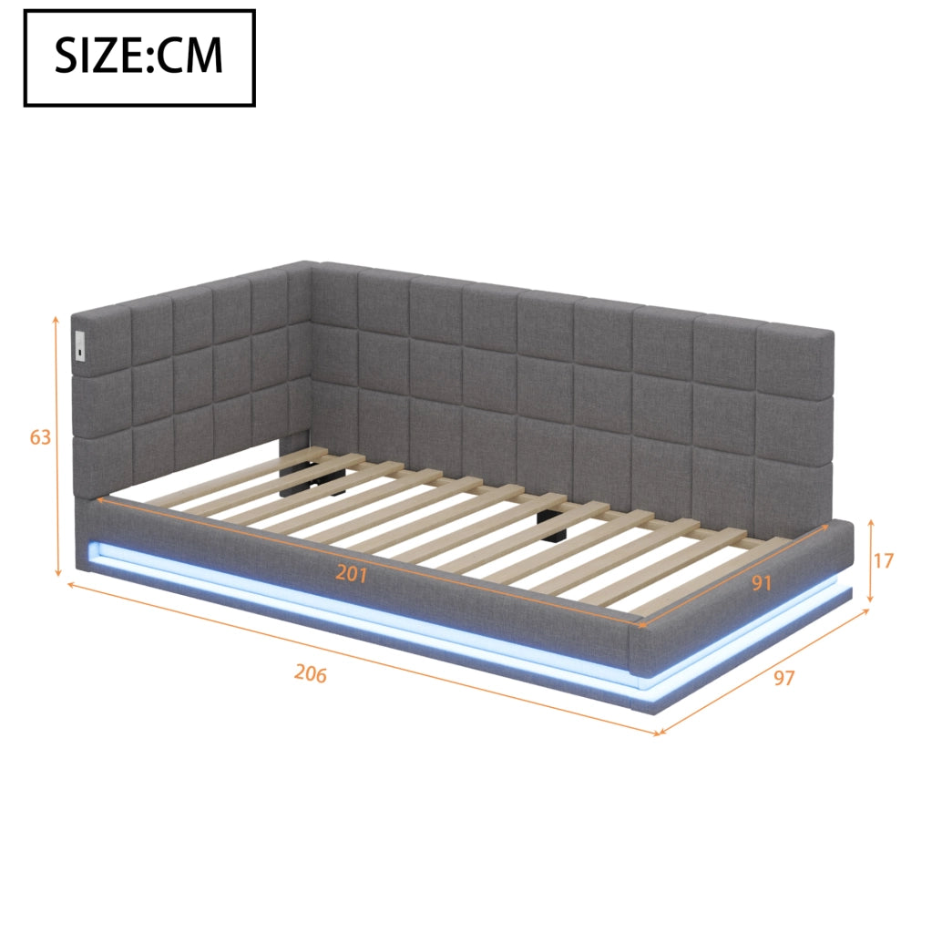 Letto imbottito 90x200 cm con LED; USB e rete a doghe in lino grigio