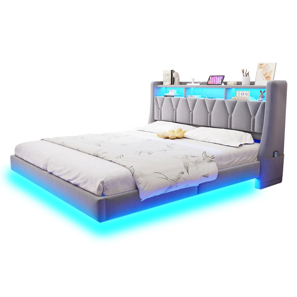 Letto imbottito 180x200 cm con testiera ribaltabile, prese USB e Type-C, LED e struttura in velluto grigio chiaro