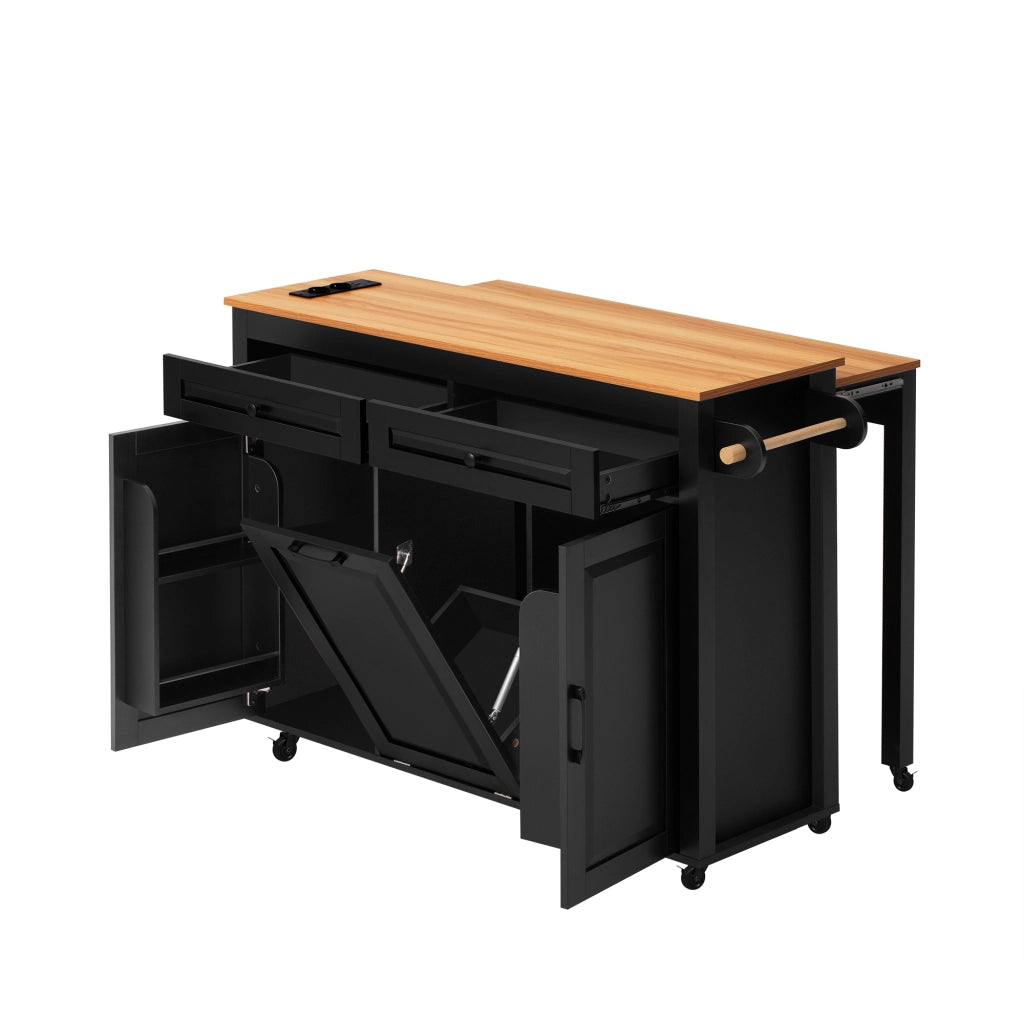 Isola da cucina mobile estraibile - Zephmum - Con piano di lavoro e vano rifiuti, presa di corrente, nero