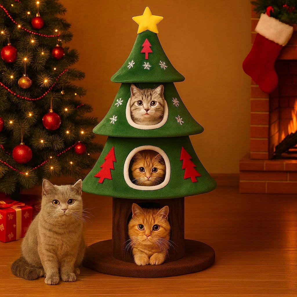 COMHOAM Tiragraffi alto 135 cm, design albero di Natale a più piani con casetta per gatti, con colonna tiragraffi, palla da gioco, albero da arrampicata stabile per gatti, verde