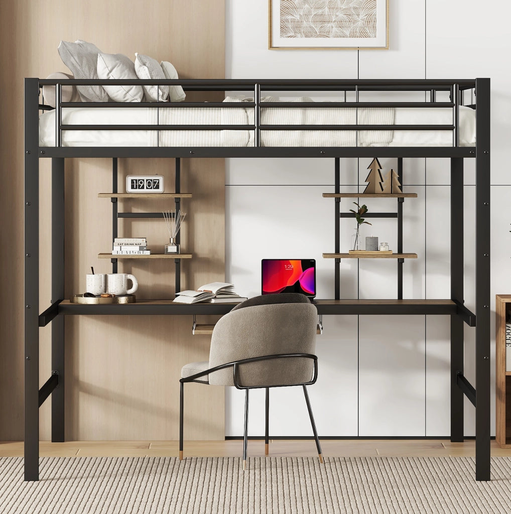 Letto a soppalco in metallo con scrivania e due scaffali, struttura robusta 140x200 cm colore nero